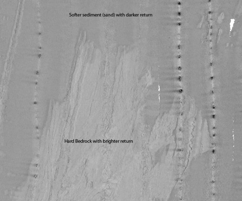 An example backscatter image generated from multibeam sonar data, showing the visual discrepancy between hard and soft seafloor sediments.