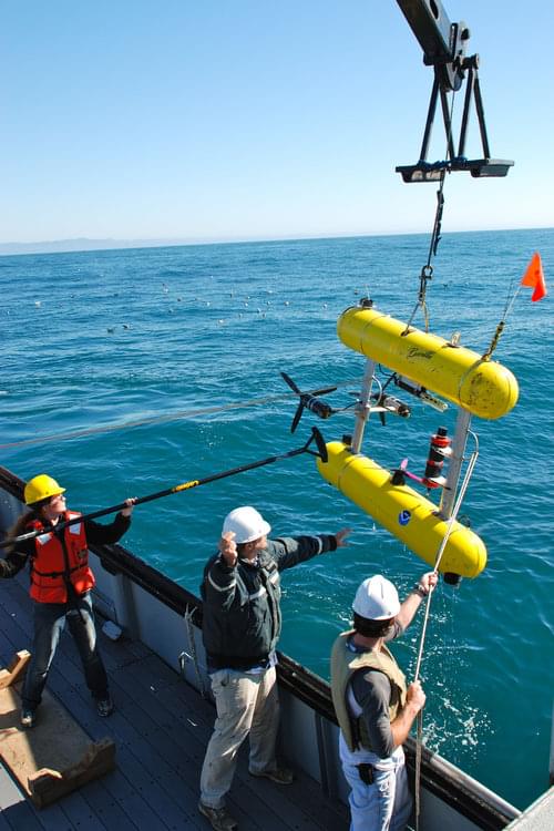 Jeremy Taylor from NOAA’s Pacific Islands Fisheries Science Center, NOAA Corps Officer Russell Haner and OSU graduate student, Bran Black, work together to deploy the AUV Lucille off the Pacific Storm. During the course of the mission AUV Lucille completed 14 missions, taking tens of thousands of photos of the seafloor near the Northern San Andreas Fault.