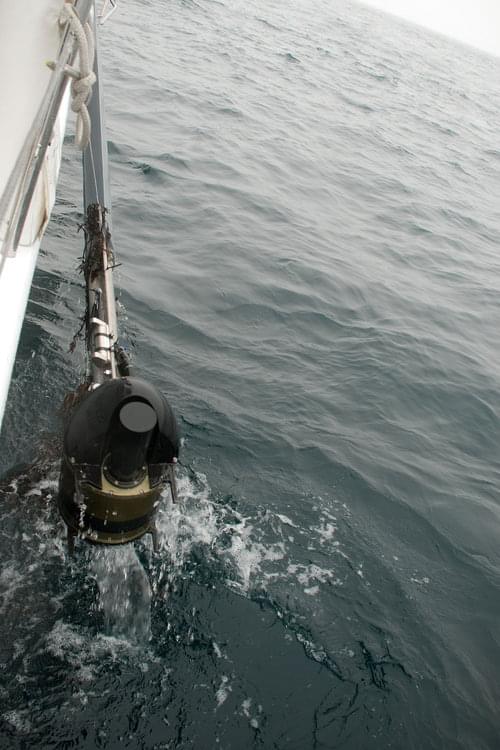 The multibeam sonar is taken out of the water for re-calibration at a specific time each day.