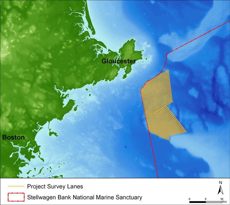 This map depicts the survey lanes completed during the project.  In total, the project mapped 169 square kilometers of seafloor, equal to 7.7 % of the sanctuary’s total area.
