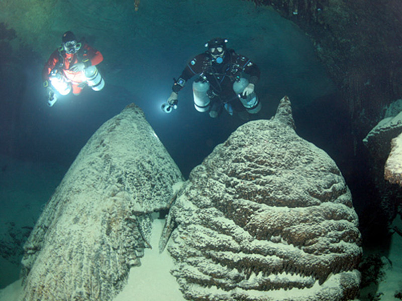 Twin stalagmites in the North Shore Passage of Green Bay Cave.