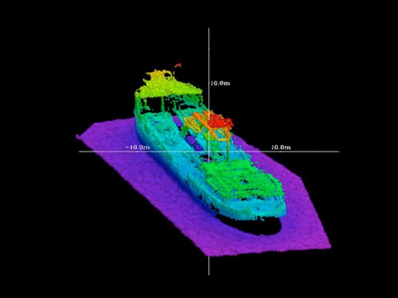 Multibeam bathymetric image of the King George shipwreck in Bermuda color coded with depth such that the warmer colors (red, orange, etc.) represent shallower depths, while the colder colors (purple) correspond to deeper depths.