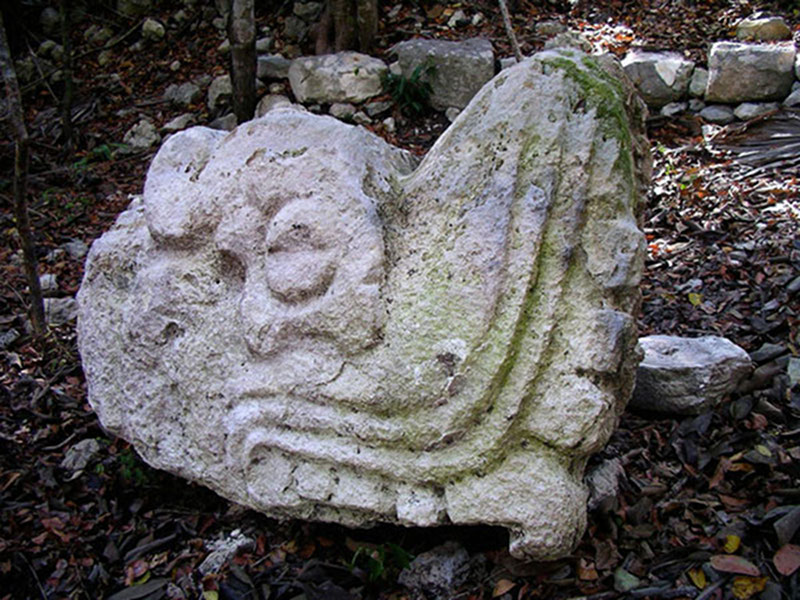 The carved serpent head found at the base of Vista Alegre’s temple structure.