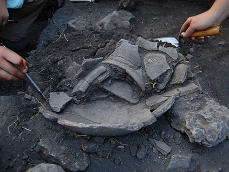 Broken pieces of pottery, or sherds, are carefully examined in one of the excavation units at Vista Alegre. Sherds were commonly found in middens and excavation units at the site.