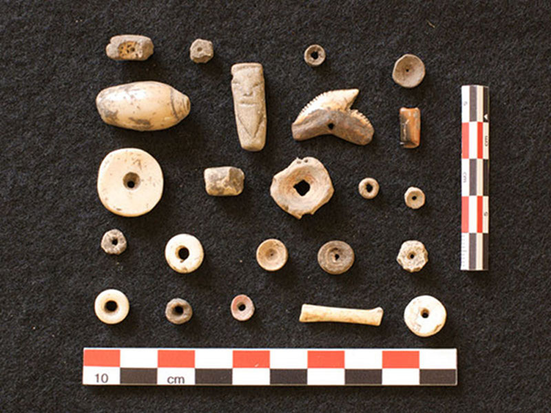 A collection of shell beads, animal bone fragments and other small artifacts found in excavations at Vista Alegre.