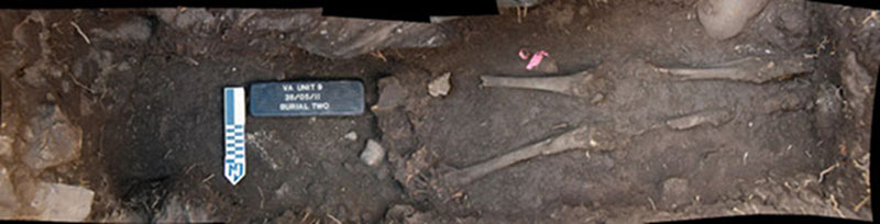 A composite photograph of the remains discovered at Vista Alegre. The femur initially seen in 2008 was fully exposed, as was the rest of the body. However, the torso and cranium of the individual were missing.