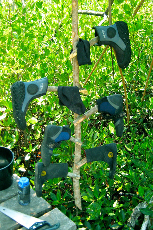The booty drying rack, designed and constructed by Dominique and Derek, provided expedition members with an easy way to dry out their booties after spending several hours with them on in the waters around Vista Alegre.