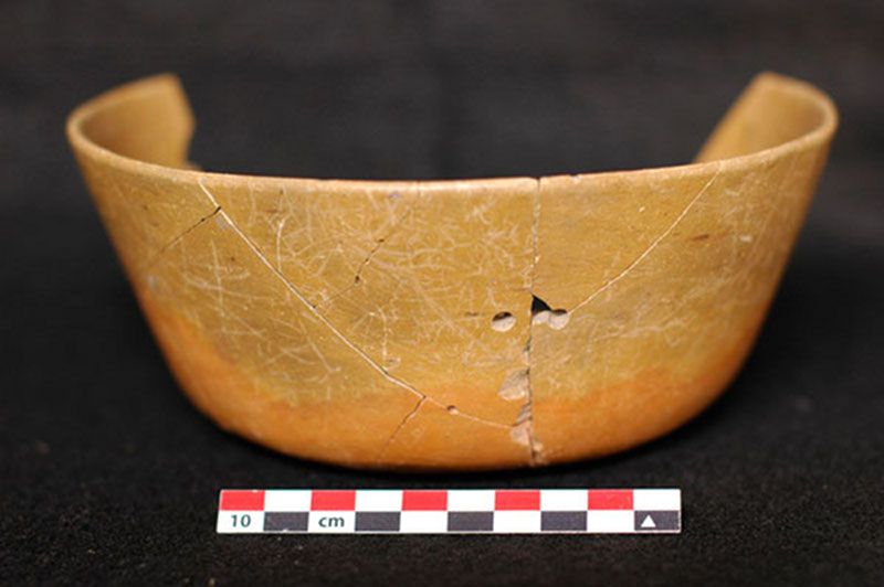 During excavations at Vista Alegre, one of the more interesting items uncovered was a nearly intact Ticul Thin Slate bowl. During the time of the Maya, bowls similar to this were produced in an area near Coba, which is roughly 100 km (~62 miles) to the south of Vista Alegre.