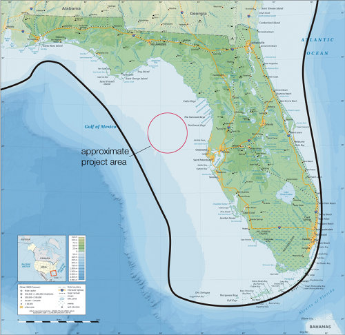 A modern map of Florida shows (with a dark line) the approximate location of the Last Glacial Maximum (LGM) coastline.  During the Late Pleistocene, Florida's shoreline extended much farther offshore than the present coast.