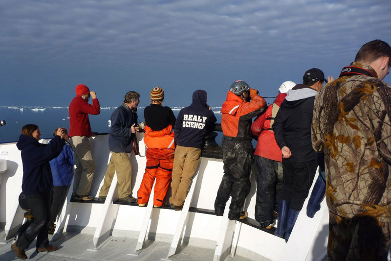 Scientists gather on the deck of the Khromov on the lookout for polar bears.