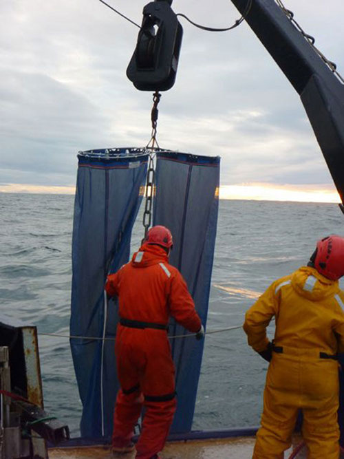 The butterfly net for zooplankton being deployed over the side of the Khromov.