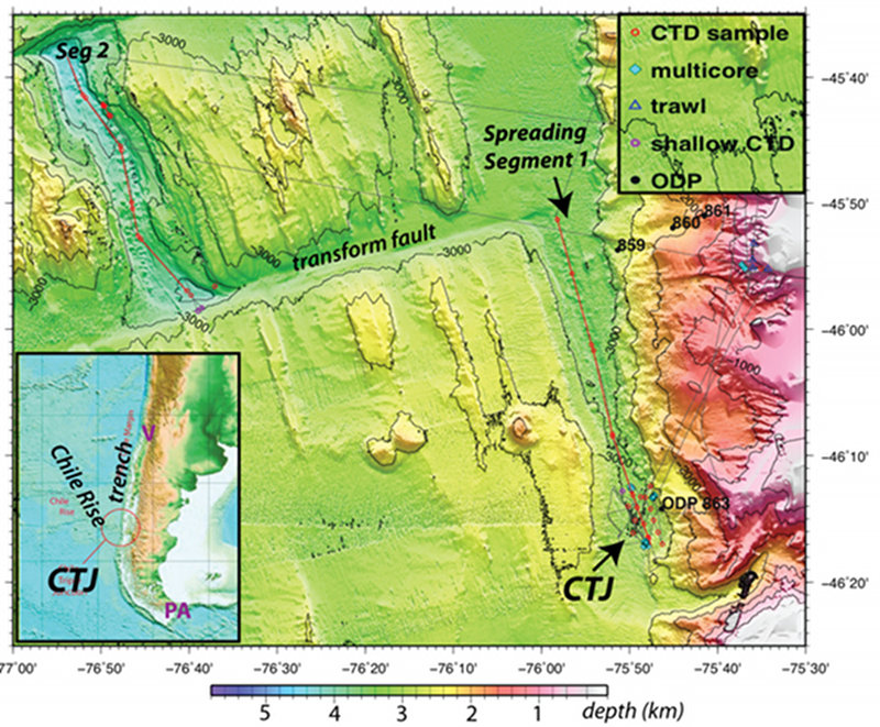 Study area, tracks and symbols show INSPIRE 2010 work. The cruise will start in Punta Arenas (PA) and spend several days at Chile Triple Junction (CTJ) and a nearby slope seep site ( ~45°55’S). We will finish the cruise with single-track mapping along the continental slope along the way to Valparaiso (V). Failure along parts of this slope may have contributed to tsunami caused by the February 2010 great earthquake, centered south of Valparaiso.