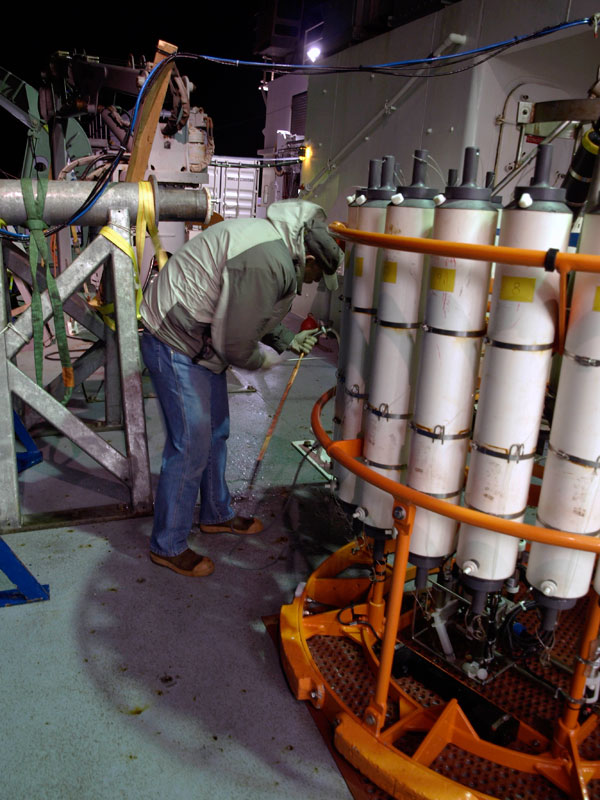 Ron at the rosette collecting samples for helium isotope analysis.