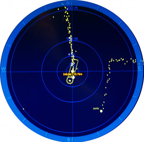 Air traffic control, 3000 meters below sea level. This shows a zoom in of our navigation screens from around midnight last night when Sentry, operating in the top left corner of the middle block of data it collected in the previous image, flew directly beneath the CTD and ship that were heading due south.