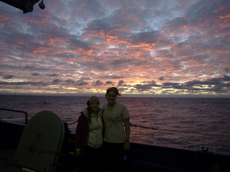 A quiet 30-second moment in the middle of our final CTD cast. Marv and Ko-ichi kindly look after the CTD for a few moments as Ashlee (left) Rachel and me shoot out on deck, admire this spectacular sunset and then head back inside again.