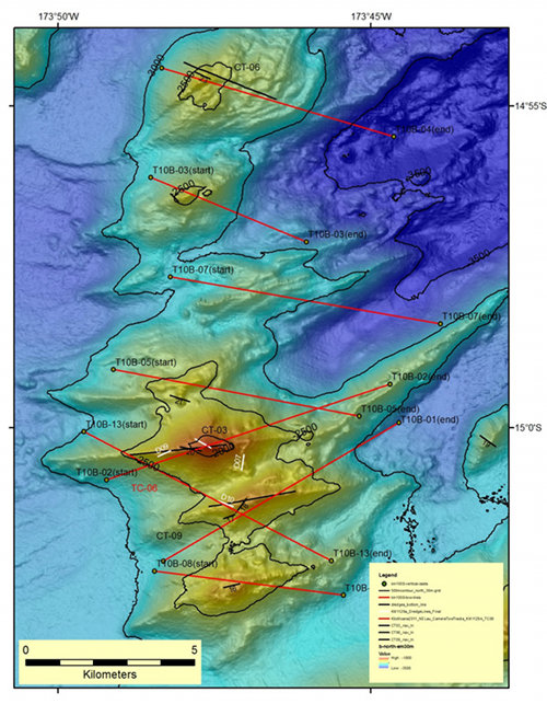 We have at least three targets in the northern Matas which are named consecutively from south to north by their Tongan 'number' name, i.e., Mata Taha (one), Mata Ua (two), etc. To date we have identified at least 5 active hydrothermal systems on these small volcanoes using a towed CTDO and camera systems. Seafloor images of active vents, biology and hydrothermal deposits have been taken on three of them (Mata Ua, Mata Tolu and Mata Fitu).