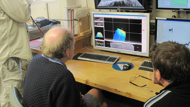 Scientists map a new underwater caldera, dubbed First Volcano, discovered using multibeam sonar.