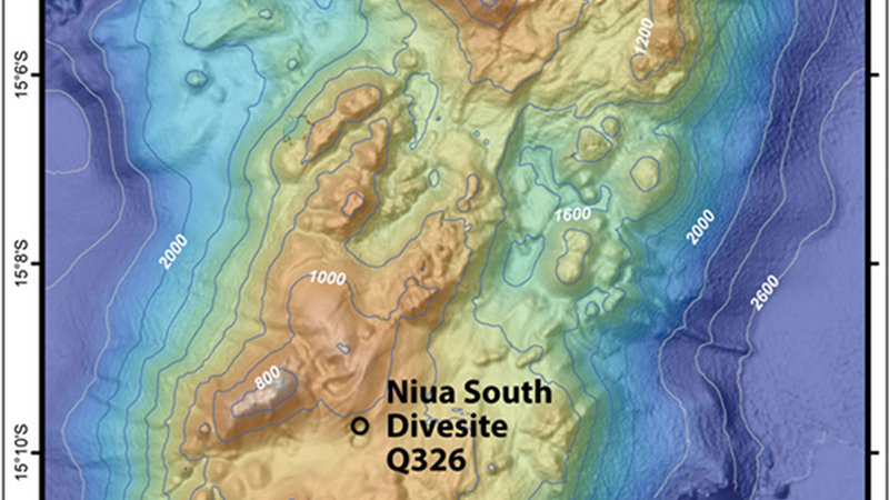 Niua volcano proposed remotely operated vehicle dive sites indicated by black circles.