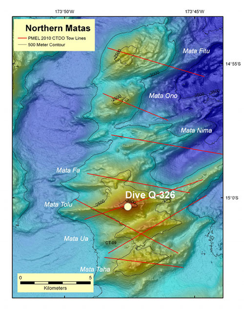 Mata Tolu at about 1,820m depth is one of the shallowest of the Northern Matas.