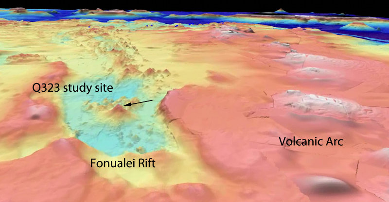 Multibeam sonar image of Fonualei Rift and dive site.