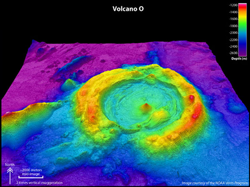 Volcano O, a huge caldera in the Northeast Lau Basin. Image looks toward the north, 2 times vertically exaggerated.