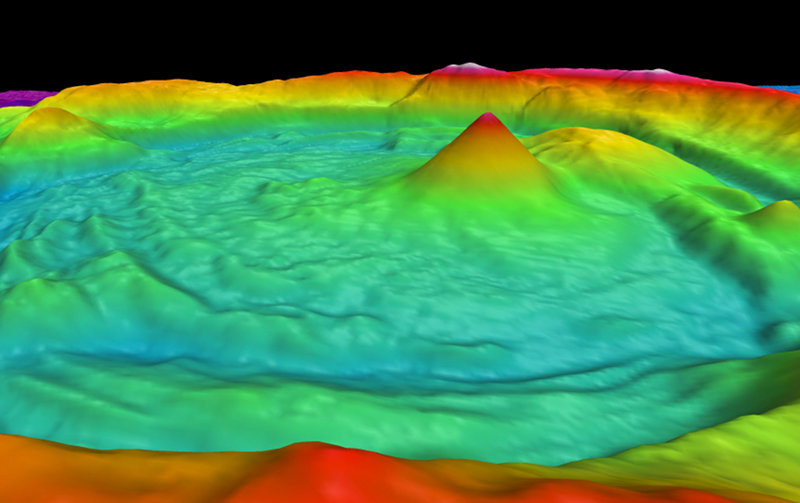 Multibeam bathymetry image of the cone in the caldera of Volcano O. The image is not vertically exaggerated, and is viewed from the west looking east.