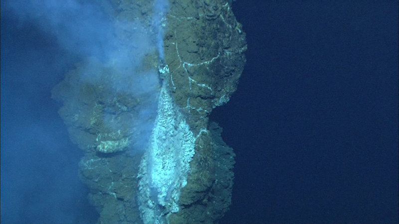 A hot vent (255 degrees C) near the top of a 38-m-high sulfide chimney in the Loloa Kakai vent field on the Fonualei rift, sampled during dive Q233. The vent fluids forming these giant columnar chimneys are a result of water/rock reaction deep below the seafloor. They have a pH of approximately 5.2, not nearly as acidic as Volcano O cone fluids.