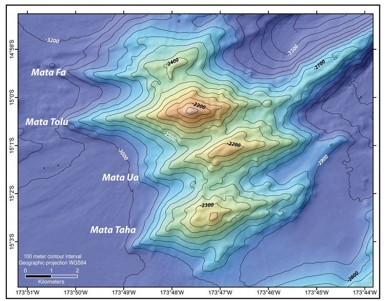 Map of four of the seven N. Mata Volcanoes. Mata Ua, location of our dive is noted.