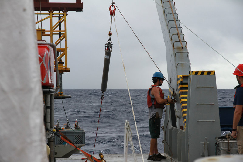 After well over an hour of spooling line onto the deck of the R/V Roger Revelle, the hydrophone is finally recovered from the seafloor near West Mata.