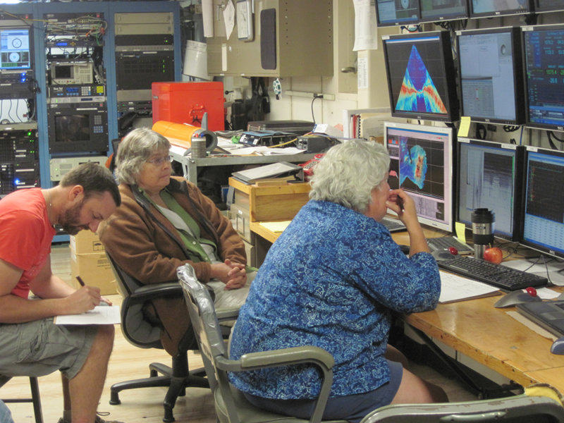 Scientists in computer lab on board the R/V Roger Revelle examine multibeam and CTD data in preparation for the second dive at Mata Ua.
