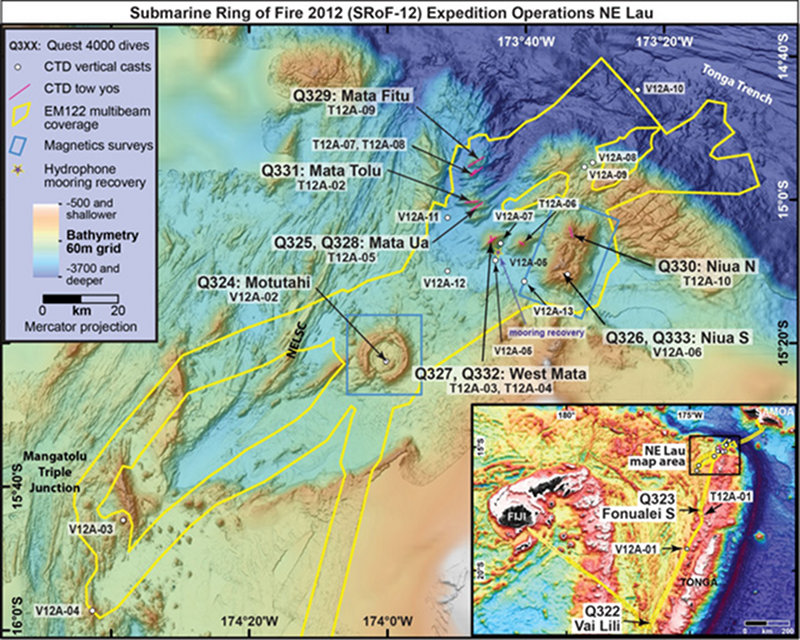 SRoF’12 operations.  Map features the Northeast Lau Basin area, where the majority of cruise took place. See inset (lr) for view of all tasks.