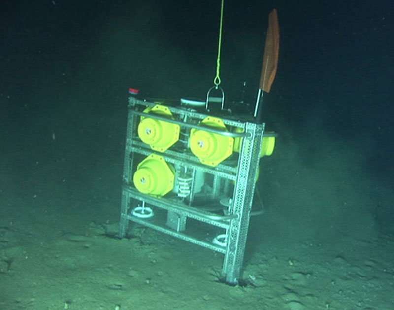 Univ. of North Carolina at Wilmington benthic lander on the bottom in 415 m depth. This lander was on the bottom in the Gulf for one year, and it is now ready to be deployed in the Middle Atlantic canyons.