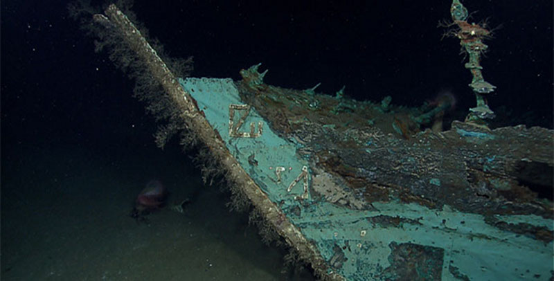 The snapped pintle on the sternpost of the Gulf Penn shipwreck, investigated during the Lophelia II 2009 expedition.