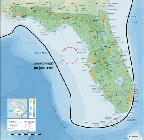 A modern map of Florida shows (with a dark line) the approximate location of the Last Glacial Maximum (LGM) coastline.