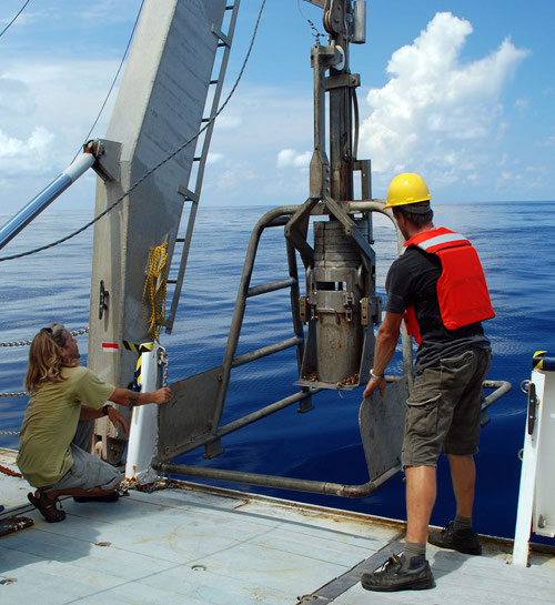 This image shows the NIOZ boxcore being recovered off the starboard side of the ship to collect deep-sea sediment.