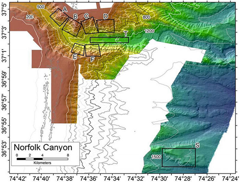 Proposed ROV dive areas (Boxes A-F and S) for Leg I in Norfolk Canyon.