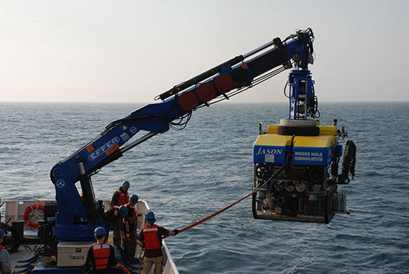 The Jason remotely operated vehicle is lifted into the water for the first dive of Leg II.