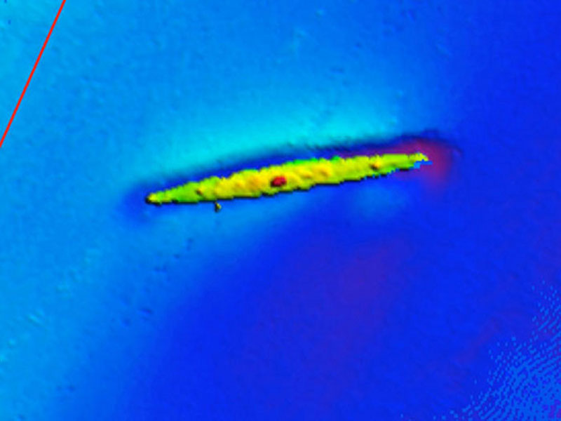 This high-resolution multibeam sonar image of a shipwreck on the continental shelf near Norfolk Canyon (not collected during the Deepwater Canyons 2013 expedition). 
