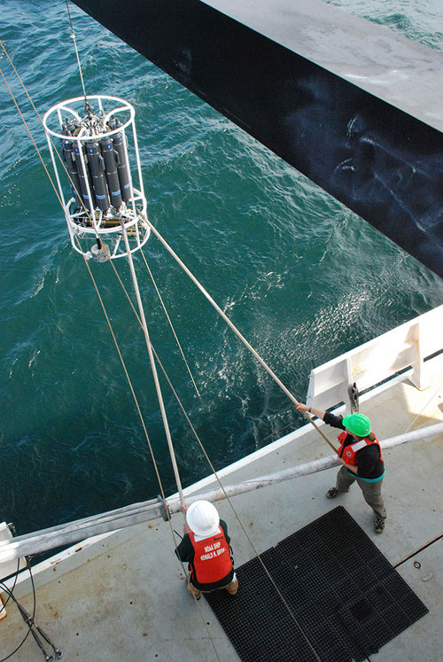 The CTD is grabbed and hauled back onboard after collecting seawater and data.