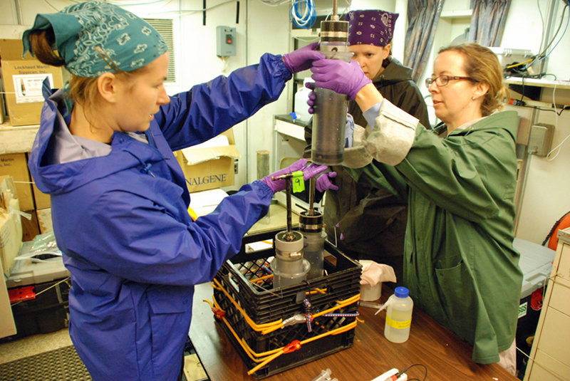 A sediment sample is extracted from one of the push cores deployed by Jason.