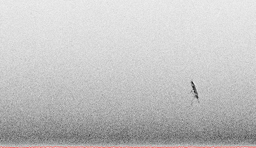 This is the first image of site 15577 when the shipwreck was discovered during a side-scan sonar survey of the Monterrey lease block in October 2011. The acoustic sonar image defined a tightly contained site with a sharp hull-formed outline measuring roughly 84 feet long and 26 feet wide. Image courtesy Shell Oil Company.