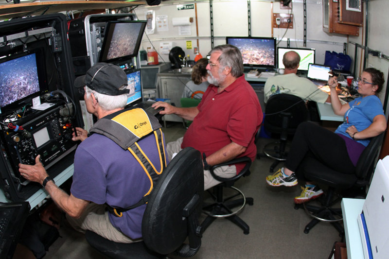The ROV team collaborates with the mission scientists collecting video and still images that will be used to characterize habitat and provide clues to population connectivity in the study area.