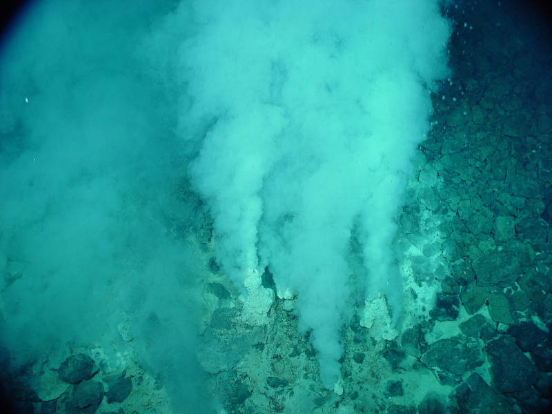 The Champagne vent field at NW Eifuku seamount emits droplets of liquid CO2 from the area around these white-smoker hydrothermal vents.