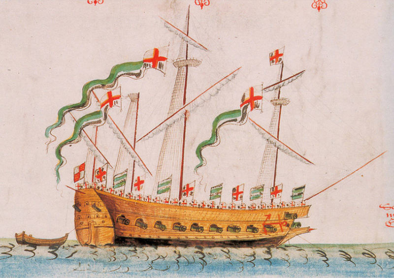 A 16th-century English galleass, the Antelope. One of King Henry VIII’s ships, it is pictured here on the Anthony Roll, an illustrated record of ships in the Tudor Navy, 1546. It may have looked similar to the Trinité, Ribault’s galleass. Note the oar ports positioned below the gun ports.