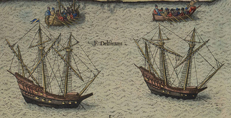 French galleons similar to those in Ribault’s fleet, taken from Theodor de Bry’s book of engravings based on Jacques Le Moyne’s original drawings of the 1564 colonization.