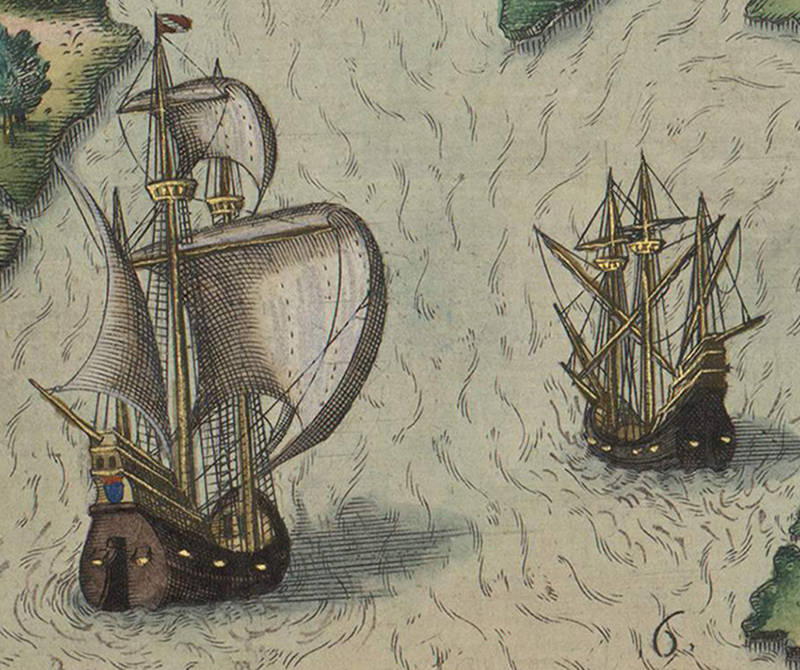 French colonization vessels from Laudonnière’s 1564 expedition, as depicted by Theodore de Bry engravings, after artwork by Jacques Le Moyne, who was with Laudonnière.