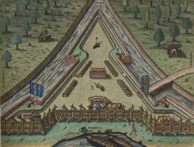 Fort Caroline after completion, as drawn by Jacques Le Moyne and reproduced by Theodore de Bry.