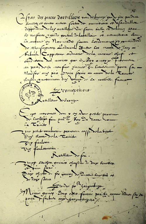First page of the commissioning of the Trinité, 21 May 1565. This document lists supplies and equipment on board for the Florida expedition.