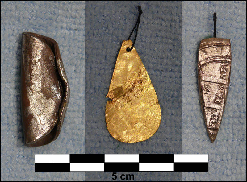 Examples of jewelry recovered from the 1565 French shipwreck survivor camps. Left: A bead fashioned from a rolled silver coin, a Spanish Charles and Johanna four real believed to be from the late series (1542-1572). It was recovered from the Silver Palm Site. Center: One of four thin sheet gold pendants recovered, believed to have been cut from a hammered French gold demi-ecu coin. Right: A silver wedge chiseled from a late series Charles and Johanna four real coin (1542-1572), intended to be a pendant or possibly a manicuring tool. It was chiseled along the famed “Plus Ultra” inscription, which may indicate French rather than Indian modification, and the edges were carefully filed.