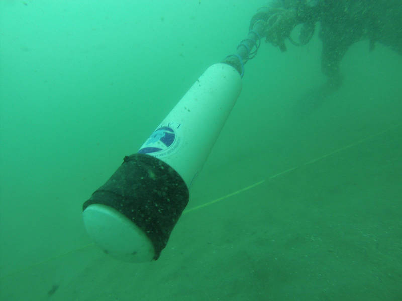 Chuck extending the handheld magnetometer while looking and listening for changes in readings.